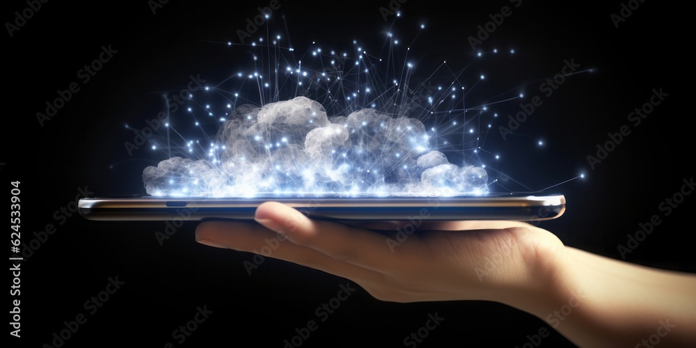 Poster hand holding mobile with cloud symbol, cloud symbol hovering over a mobile phone in luminous sfumato