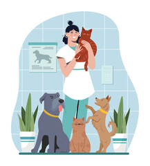 Veterinarian with pets concept. Woman in medical uniform stands next to cats and dogs. Doctor with patients in veterinary clinic. Young girl with domestic animals. Cartoon flat vector illustration