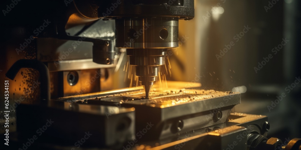 Poster machine close up, high-speed cnc machine creates metal parts with precision in an industrial worksho