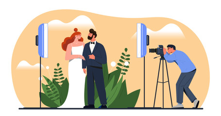 Wedding photo shoot concept. Man and woman in suit and dress with paparazzi. Brige and groom. Wedding ceremony and marriage. Love and romantic relationships. Cartoon flat vector illustration