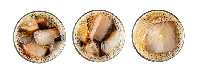 Iced Porter Beer Isolated Top View, Stout in Glass, Dark Beer with Foam and Ice Cubes, Bubbles on Alcohol Drunk