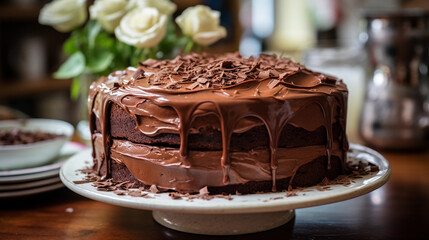 Fototapeta na wymiar A close-up of a decadent chocolate cake with a velvety ganache frosting