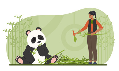 Zoo worker with panda concept. Woman giving bamboo and carrot to tropical asian animal. Fauna and wild life. Exotic forest or zoo. Biology and zoology. Cartoon flat vector illustration
