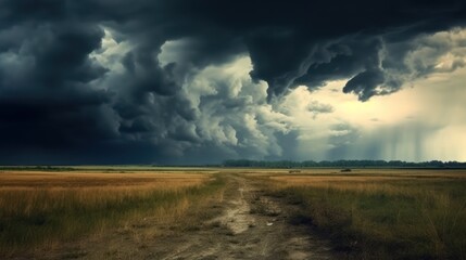 Fototapeta premium Dark cloudy sky before thunderstorm panoramic background. Storm heaven panorama. Generative AI