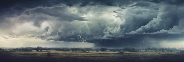 Obraz premium Dark cloudy sky before thunderstorm panoramic background. Storm heaven panorama. Generative AI