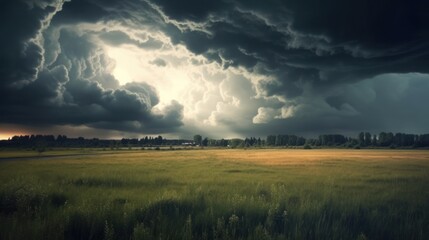 Dark cloudy sky before thunderstorm panoramic background. Storm heaven panorama. Generative AI