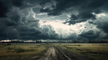 Fototapeta na wymiar Dark cloudy sky before thunderstorm panoramic background. Storm heaven panorama. Generative AI