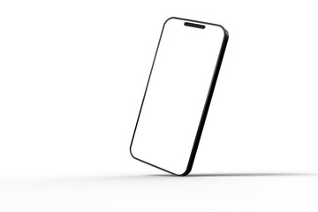 Studio shot of a modern smartphone with a blank white screen. Isolated against a white background. 3D Rendering