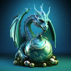 realistic green dragon, Christmas background. illustration, AI generation.