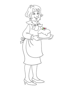 Cute grandmother stands with a beautiful cake in her hands. Black and white picture in cartoon style. For coloring book. Isolated on white background. Vector illustration.