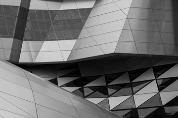 Black and white tone, Exterior view of mixture various pattern of aluminium cladding facade.  