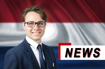 News anchor, tells the latest news, smiling, against the background of the flag of Netherlands