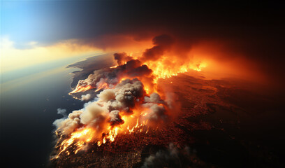Mégafeu - Incendie de forêt - Grand feu hors normes ravageant des surfaces boisés avec des flammes géantes - Réchauffement climatique et désastre écologique - vu depuis l'espace - obrazy, fototapety, plakaty
