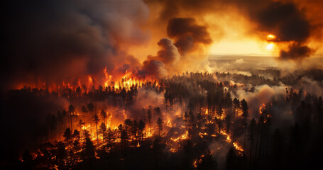 Mégafeu - Incendie de forêt - Grand feu hors normes ravageant des surfaces boisés avec des flammes géantes - Réchauffement climatique et désastre écologique - vu depuis le ciel - obrazy, fototapety, plakaty