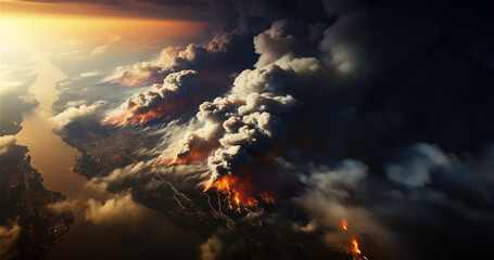 Mégafeu - Incendie de forêt - Grand feu hors normes ravageant des surfaces boisés avec des flammes géantes - Réchauffement climatique et désastre écologique - vu depuis l'espace