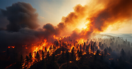 Mégafeu - Incendie de forêt - Grand feu hors normes ravageant des surfaces boisés avec des flammes géantes - Réchauffement climatique et désastre écologique - vu depuis le ciel - obrazy, fototapety, plakaty
