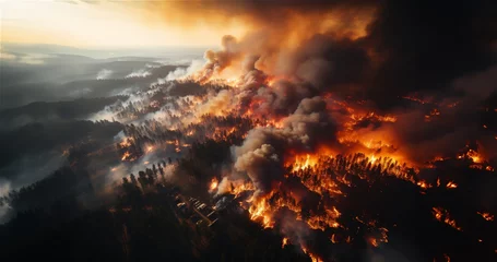 Foto op Canvas Mégafeu - Incendie de forêt - Grand feu hors normes ravageant des surfaces boisés avec des flammes géantes - Réchauffement climatique et désastre écologique - vu depuis le ciel © Romain TALON