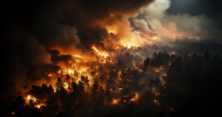 Fototapeta Mégafeu - Incendie de forêt - Grand feu hors normes ravageant des surfaces boisés avec des flammes géantes - Réchauffement climatique et désastre écologique - vu depuis le ciel obraz
