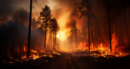 Mégafeu - Incendie de forêt - Grand feu hors normes ravageant des surfaces boisés avec des flammes géantes - Réchauffement climatique et désastre écologique - vu depuis le sol - obrazy, fototapety, plakaty