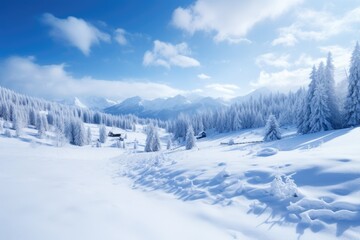 Fototapeta na wymiar A mountain meadow covered in a blanket of fresh snow.