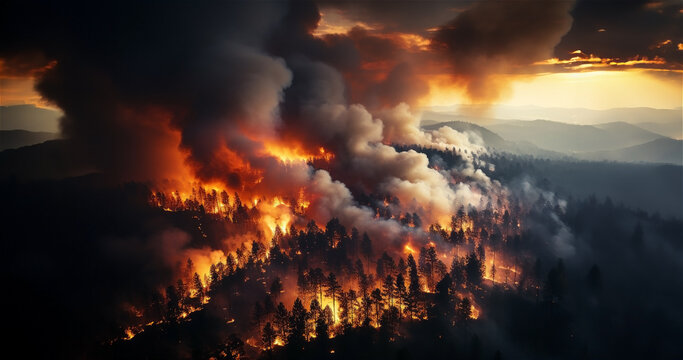 M&eacute;gafeu - Incendie de for&ecirc;t - Grand feu hors normes ravageant des surfaces bois&eacute;s avec des flammes g&eacute;antes - R&eacute;chauffement climatique et d&eacute;sastre &eacute;cologique - vu depuis le ciel