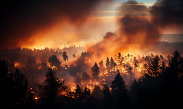M&eacute;gafeu - Incendie de for&ecirc;t - Grand feu hors normes ravageant des surfaces bois&eacute;s avec des flammes g&eacute;antes - R&eacute;chauffement climatique et d&eacute;sastre &eacute;cologique - vu depuis le ciel