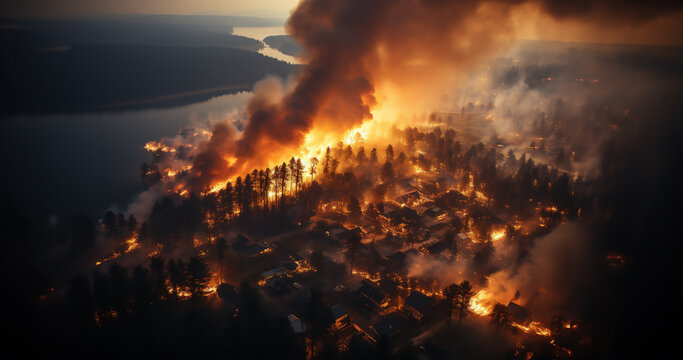 M&eacute;gafeu - Incendie de for&ecirc;t - Grand feu hors normes ravageant des surfaces bois&eacute;s avec des flammes g&eacute;antes - R&eacute;chauffement climatique et d&eacute;sastre &eacute;cologique - vu depuis le ciel