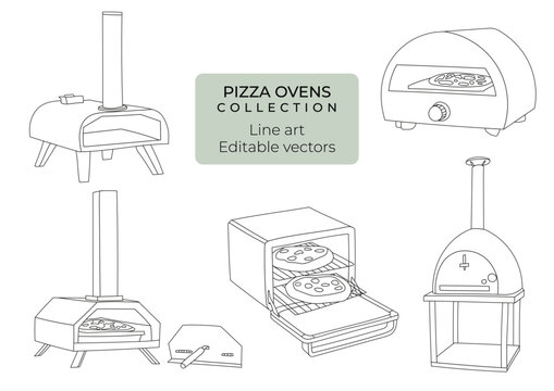 	
Set of hand drawn editable vector line art illustrations of pizza ovens

