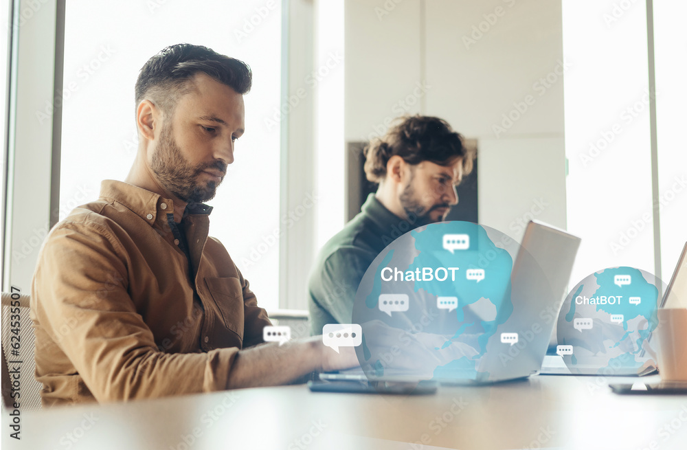 Poster Concentrated IT employee using chatbot while working in team