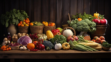 A rustic wooden table adorned with a variety of freshly picked fruits and vegetables