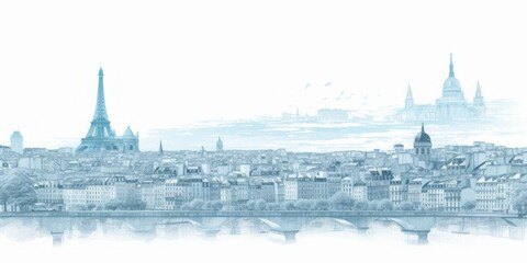 panorama of paris pencil drawing, Silhouette of Paris Skyline in Light Blue Pencil Drawing, an Artistic Interpretation of Iconic Landmarks on a Serene White Background