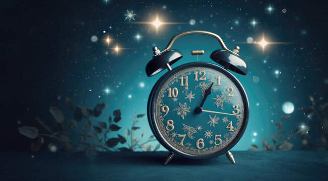 An alarm clock goes off for 1pm and says it's bedtime. In the background are stars and symbols for sleep.
