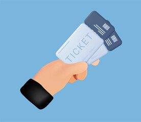 3D The hands of the person holding the tickets. Isolated illustration on a blue background. 3D template for the design
