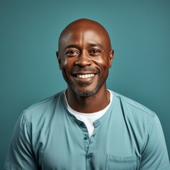 Obraz premium Portrait of a smiling middle aged African man with black hair. Closeup face of a handsome middle-aged African American man smiling at camera on a blue background. Front view, happy man in a blue shirt