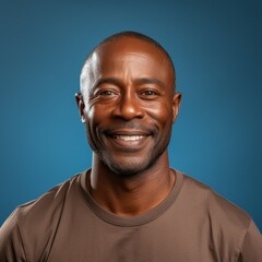 Portrait of a smiling middle aged African man with black hair. Closeup face of a handsome middle-aged African American man smiling at camera on blue background. Front view, happy man in casual clothes