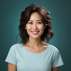 Portrait of a smiling middle aged Asian woman with black hair on a blue background. Happy middle aged Asian woman with smile and wavy hair in blue shirt. Cheerful Chinese woman with shiny white teeth.