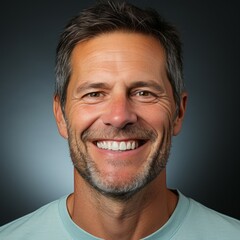 Obraz premium Portrait of a smiling middle aged man with gray hair. Closeup face of a handsome middle-aged Caucasian man smiling at camera on blue background. Front view, happy senior European man in a blue shirt.