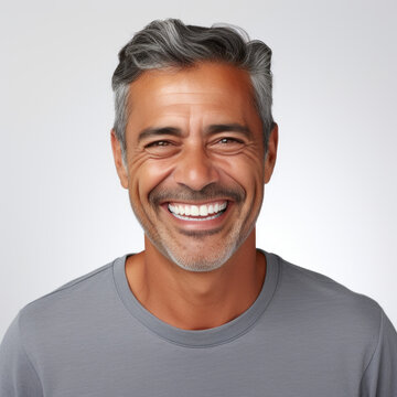 Portrait of a smiling middle aged Latin man with black hair. Closeup face of a handsome middle-aged Latin American man smiling at camera on white background. Front view, happy senior man in gray shirt