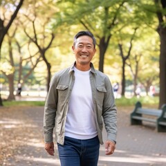 Handsome happy Asian man smiling in the park. Portrait of a middle aged Japanese man smiling at camera outdoors. Good looking cheerful middle aged Chinese male walking in a garden. .
