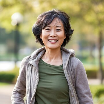 Good Looking Asian Woman Smiling In The Park. Portrait Of Middle Aged Japanese Woman Smiling At Camera Outdoors. Lovely Happy Middle Aged Chinese Female Walking In A Garden. .