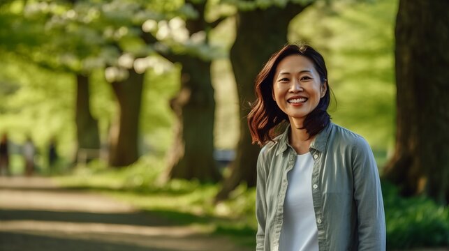 Good looking Asian woman smiling in the park. Portrait of middle aged Japanese woman smiling at camera outdoors. Lovely happy middle aged Chinese female walking in a garden. .