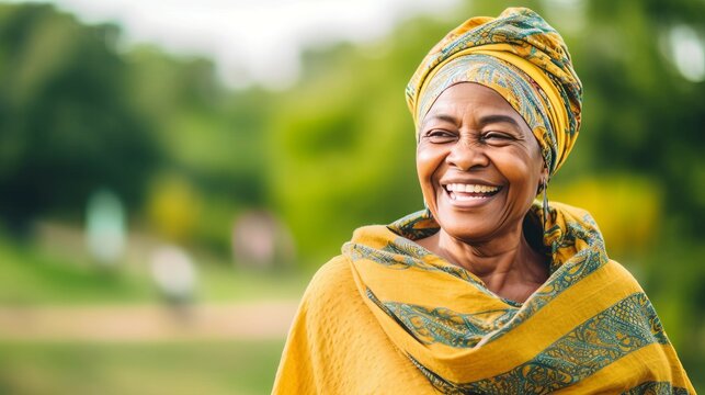 Good looking african american elderly woman smiling in the park. Portrait of senior African grandma smiling at camera outdoors. Lovely happy senior African American grandmother walking in a garden.