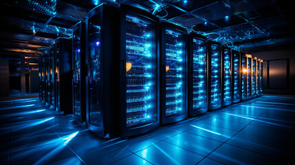 Row of network servers with LED lights