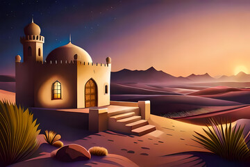 Fairytale landscape with medieval arabian house in desert - 624536799