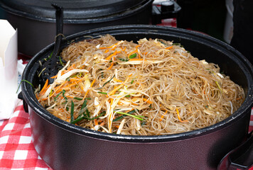 Glass Noodle Salad Street Food, Chinese Rice Noodles in Wok, Asian Pasta Food in a Large Pot, Korean Spaghetti