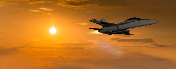 Combat aircraft against the backdrop of the sunset sky
