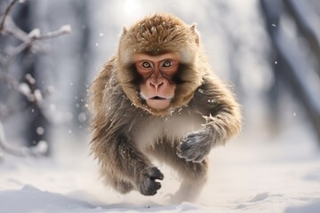 The sight of a monkey running in a forest covered in snow.