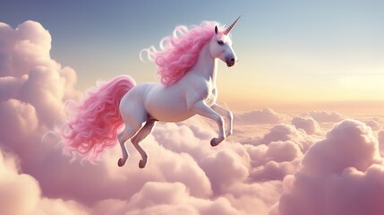 Fototapeta na wymiar Pink Unicorn Above The Clouds