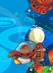 Cartoon funny colorful scene of cosmos galactic alien ufo space craft ship isolated illustration for children