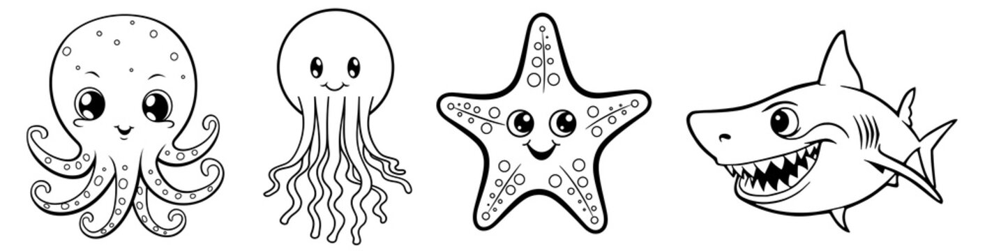 Sea animals - cute Octopus, Jellyfish, Starfish and Shark, simple thick lines kids or children cartoon coloring book pages. Clean drawing can be vectorized to illustration. Generative AI